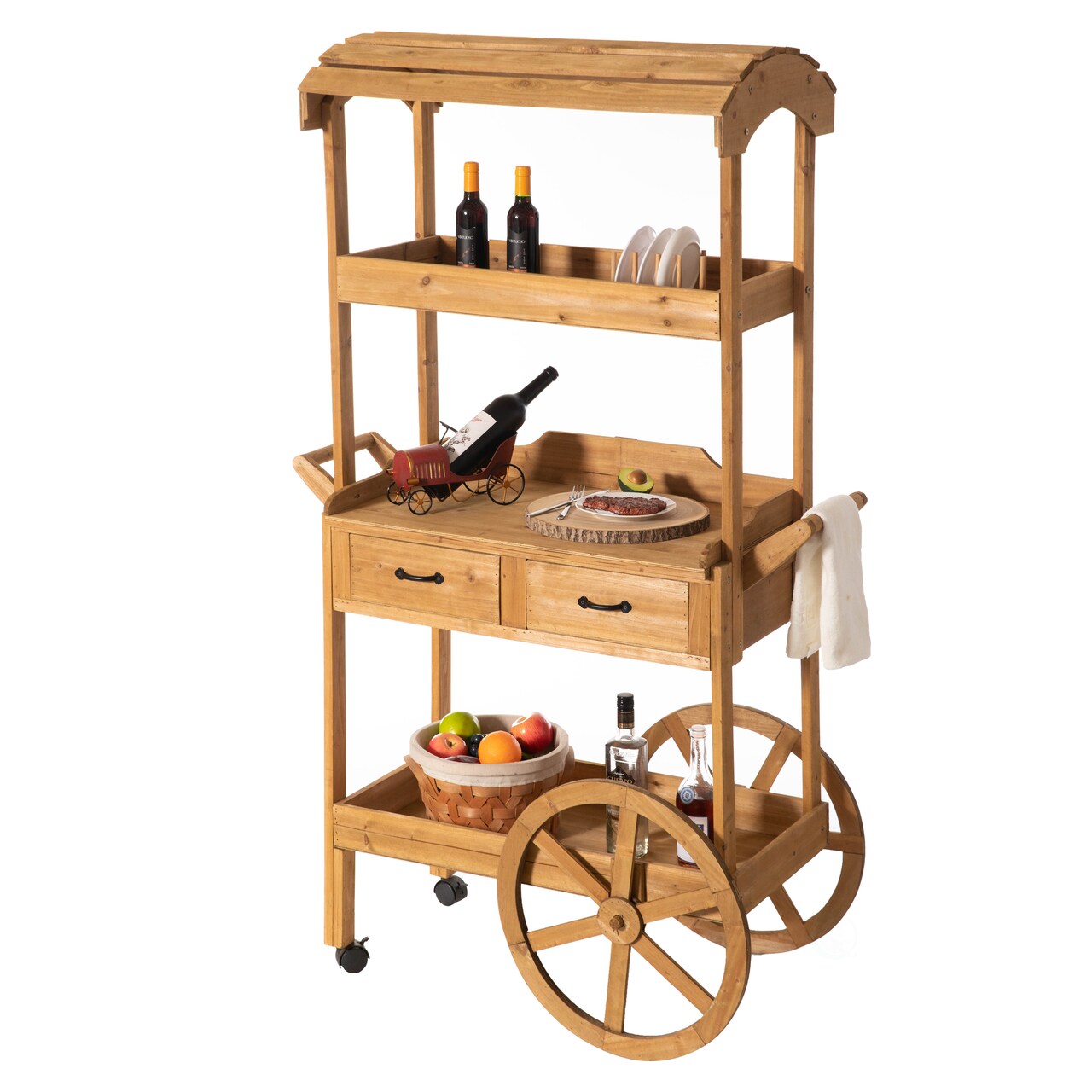 Large Wooden Display Rolling Table With Drawers And Wheels 3 Tier With